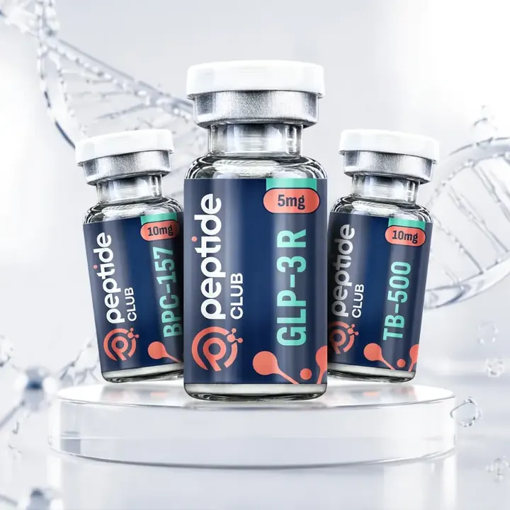 Three research peptide vials on a glass pedestal with DNA helix background